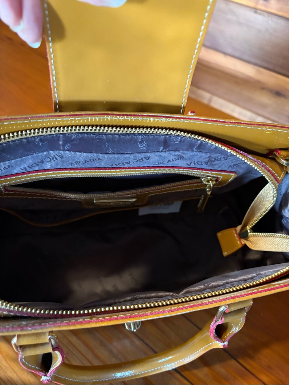 Arcadia Patent Leather Satchel Bag in Mustard Yellow with Red trim - Picture 4 of 9